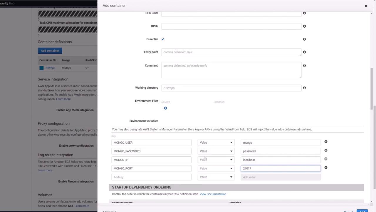 The image shows a configuration screen for adding a container, with fields for CPU units, entry point, command, and environment variables related to MongoDB settings.