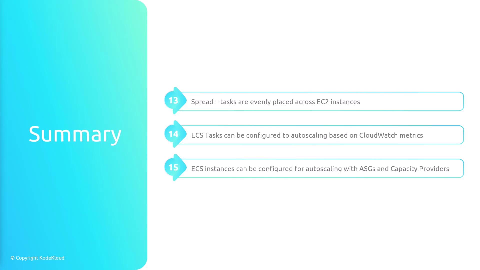 The image is a summary slide with three points about ECS tasks and instances, focusing on task distribution and autoscaling configurations. It features a gradient background and is copyrighted by KodeKloud.