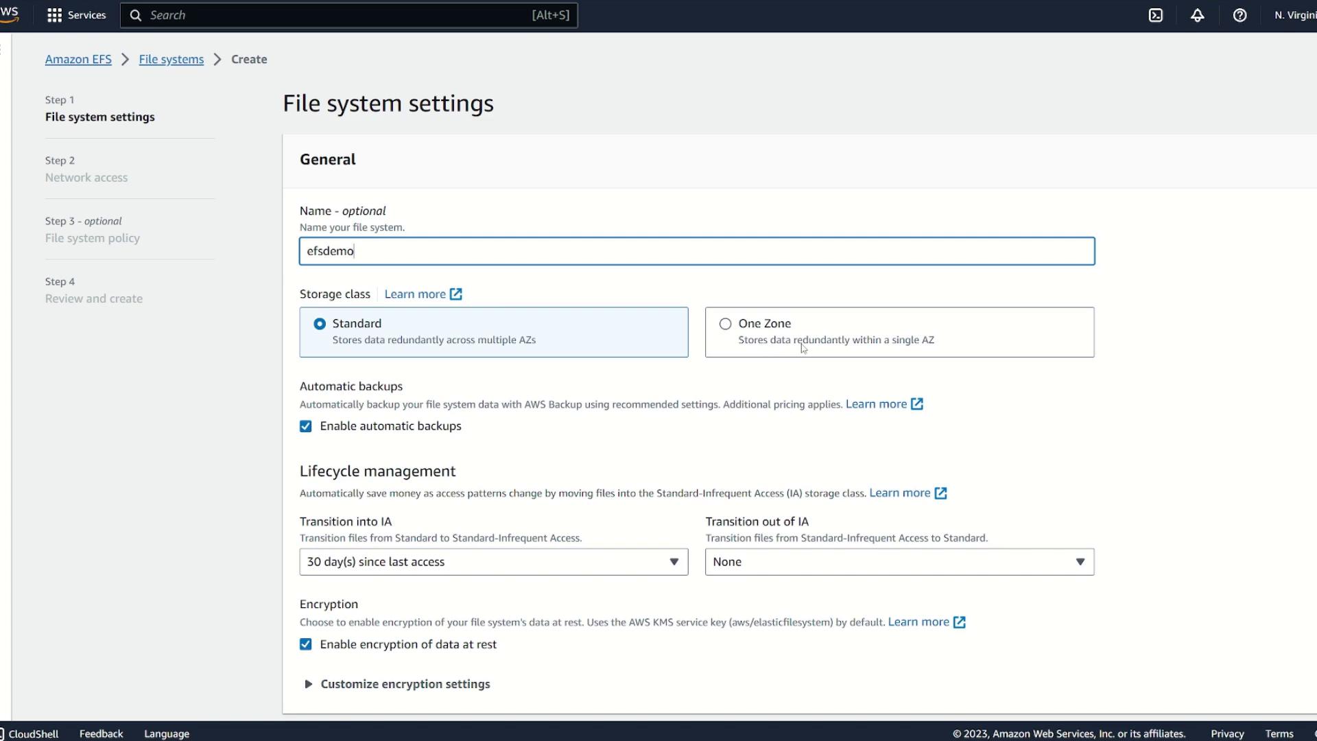 The image shows the "File system settings" page for creating an Amazon EFS file system, with options for naming, storage class, automatic backups, lifecycle management, and encryption settings.