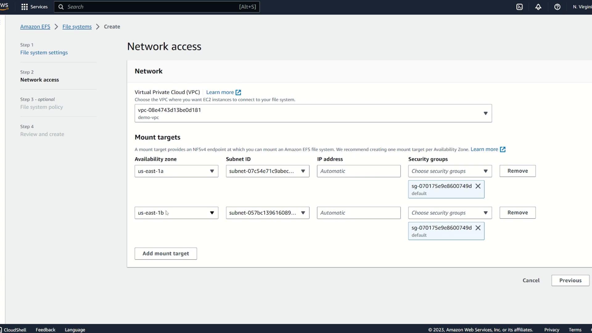 The image shows a configuration screen for setting up network access in Amazon EFS, where users can select a Virtual Private Cloud (VPC), availability zones, subnets, and security groups.