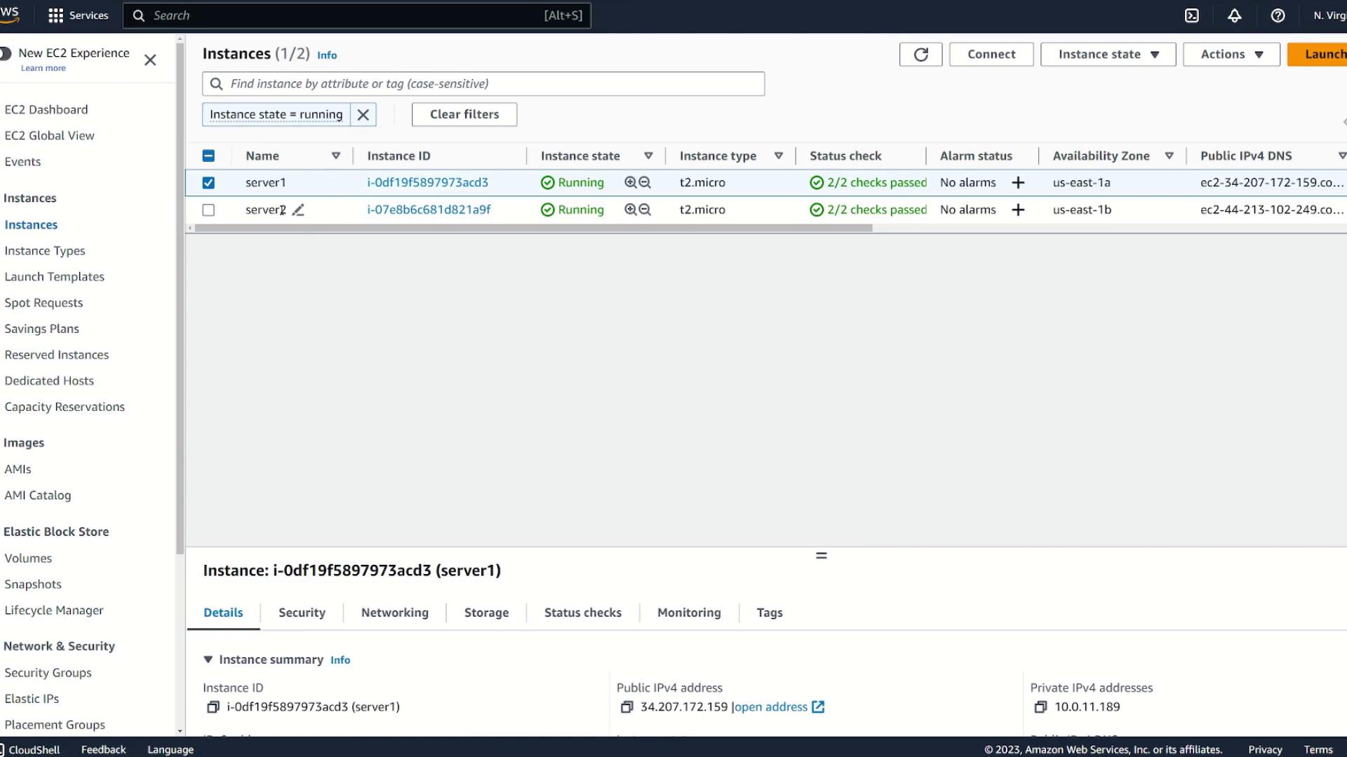 The image shows an AWS EC2 dashboard with two running instances, both of type t2.micro, with their status checks passed.