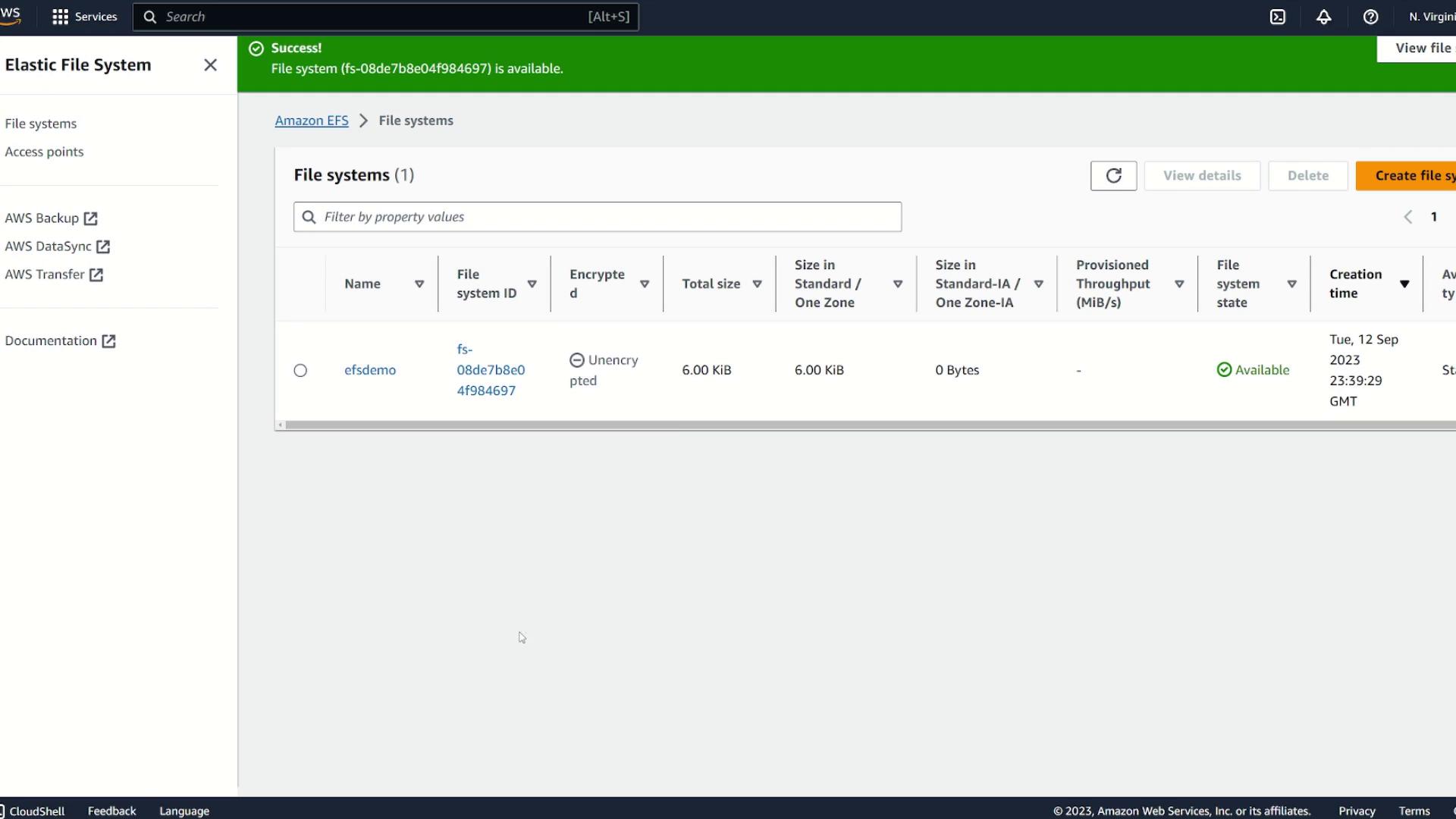 The image shows an Amazon Web Services (AWS) Elastic File System (EFS) dashboard with a file system named "efs-demo" that is available and unencrypted, with a total size of 6.00 KiB.