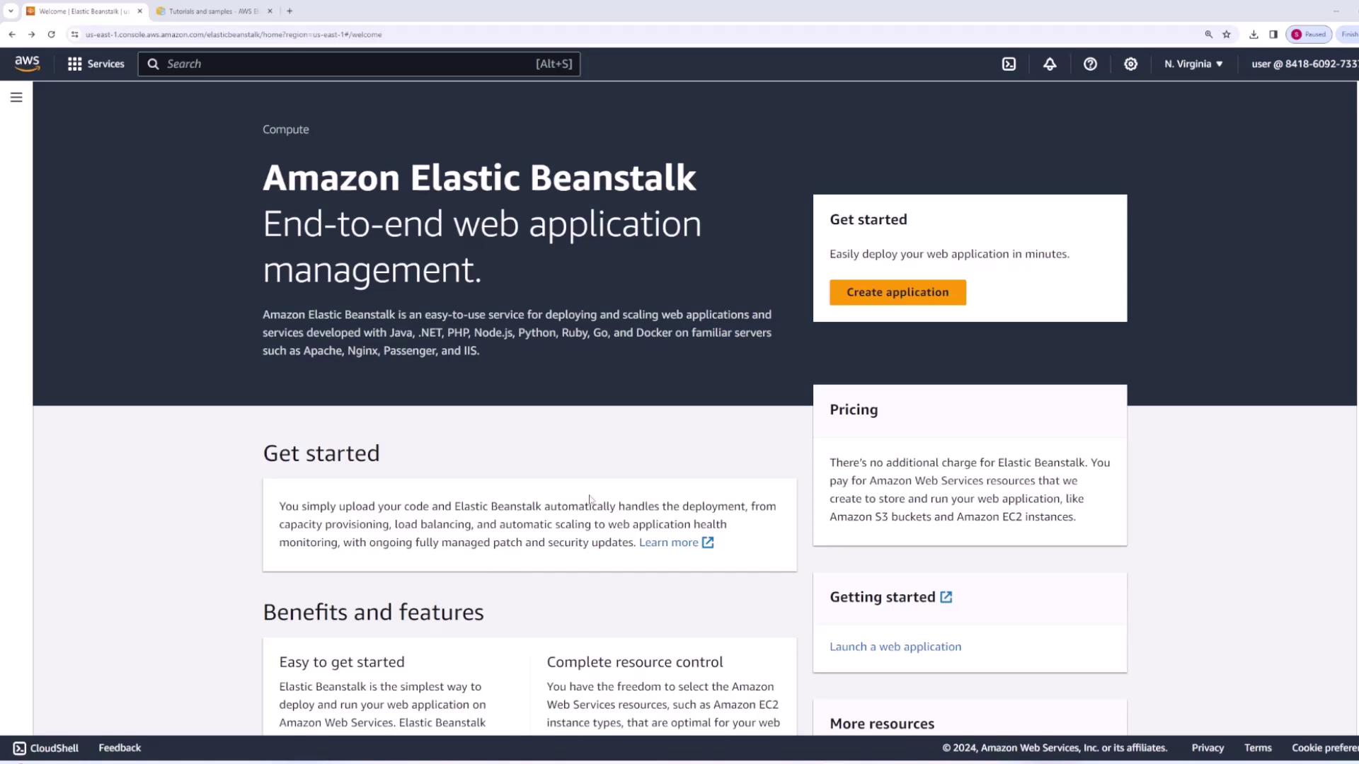 The image shows the Amazon Elastic Beanstalk web page, highlighting its features for end-to-end web application management, with options to get started and information on pricing and benefits.