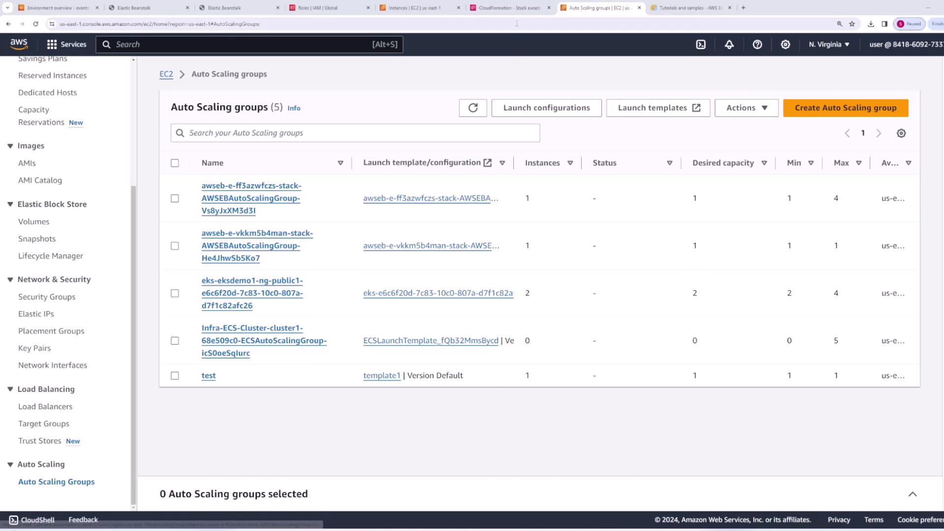 The image shows an AWS console displaying a list of Auto Scaling groups with details such as name, instances, and desired capacity. The interface includes options for launching configurations and creating new Auto Scaling groups.