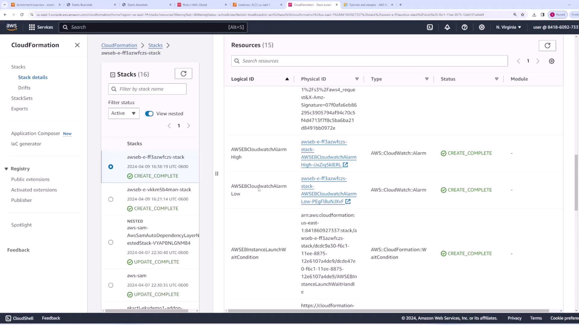 The image shows an AWS CloudFormation console with a list of stacks and their resources, including CloudWatch alarms, all marked as "CREATE_COMPLETE."