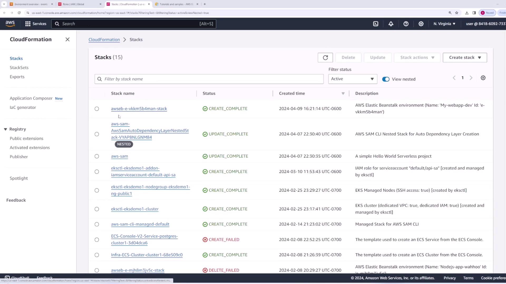The image shows an AWS CloudFormation console with a list of stacks, their statuses, creation times, and descriptions. The statuses include "CREATE_COMPLETE," "UPDATE_COMPLETE," and "CREATE_FAILED."