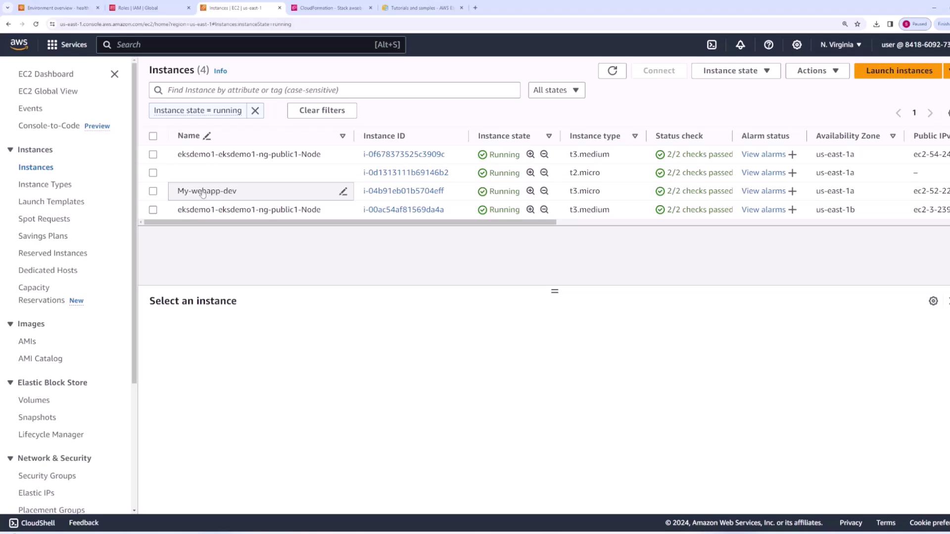 The image shows an AWS EC2 management console with a list of running instances, including details like instance ID, type, and status checks.