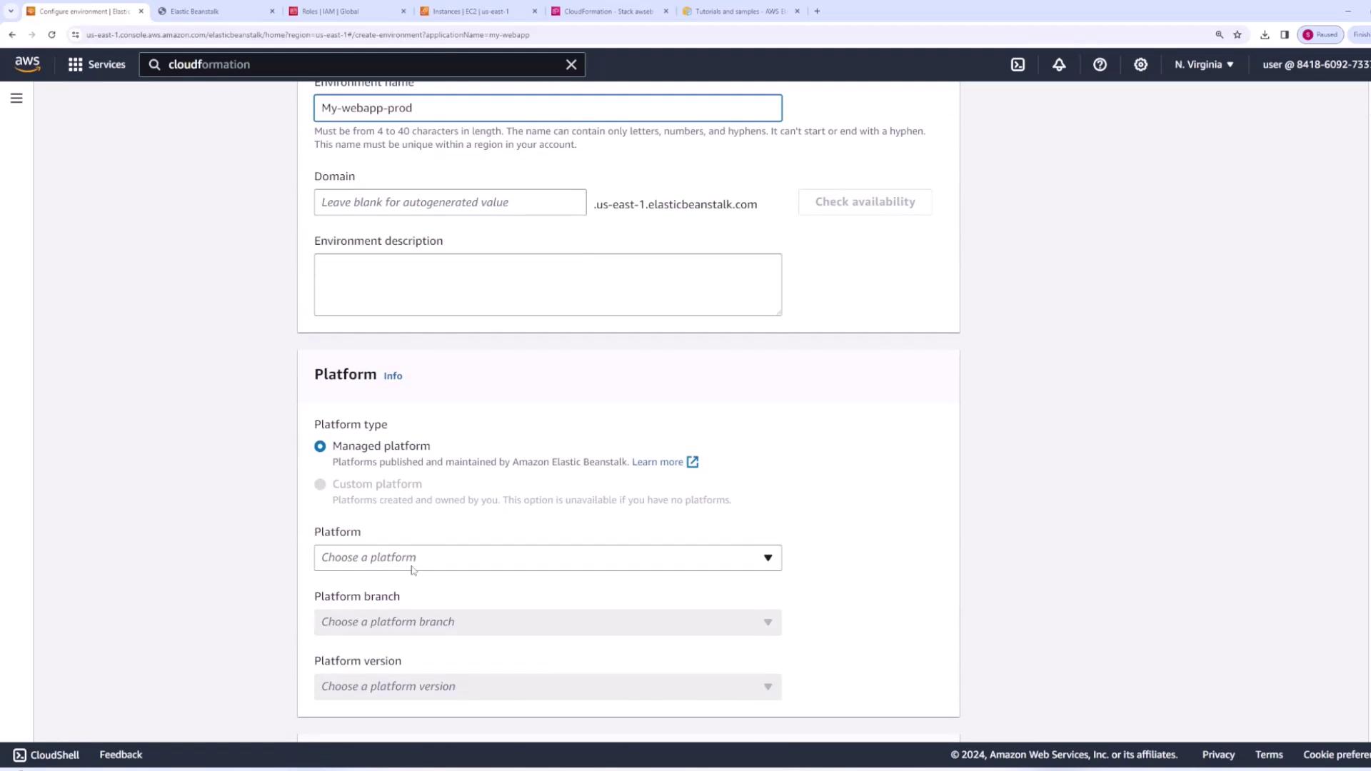 The image shows an AWS Elastic Beanstalk configuration screen where a user is setting up a new environment, with options for environment name, domain, and platform type.