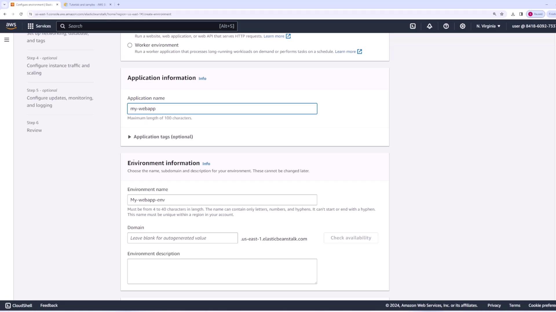 The image shows an AWS Elastic Beanstalk configuration screen where a user is entering application and environment information for a web application deployment.
