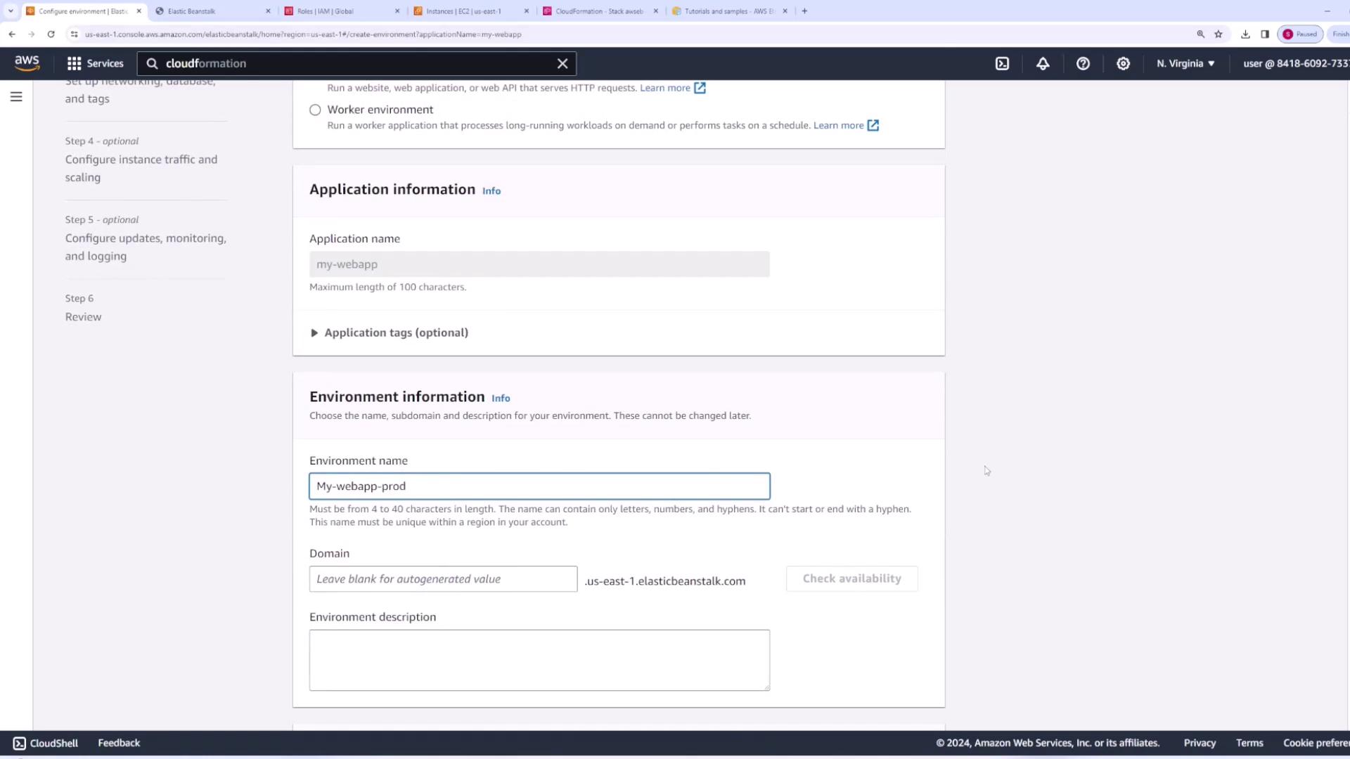 The image shows an AWS Elastic Beanstalk configuration page where a user is setting up application and environment information, including names and domains.
