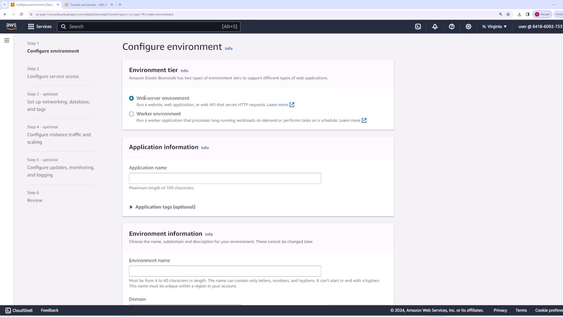 The image shows the AWS Elastic Beanstalk "Configure environment" page, where users can select the environment tier, and input application and environment information.