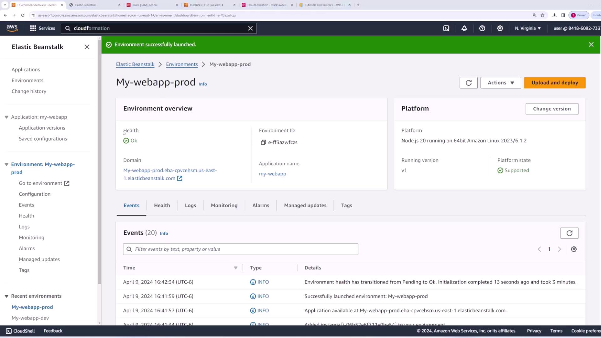 The image shows an AWS Elastic Beanstalk dashboard for an environment named "My-webapp-prod," indicating a successful launch with a health status of "OK." It displays platform details, environment ID, and recent events related to the environment.