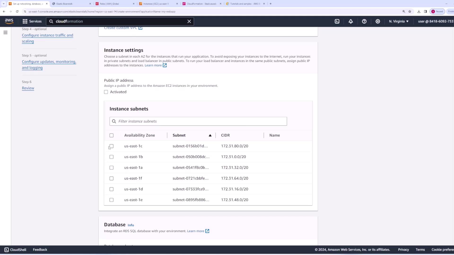 The image shows an AWS Elastic Beanstalk configuration page, specifically focusing on instance settings and subnets in the us-east-1 region. It lists various availability zones and their corresponding subnets and CIDR blocks.