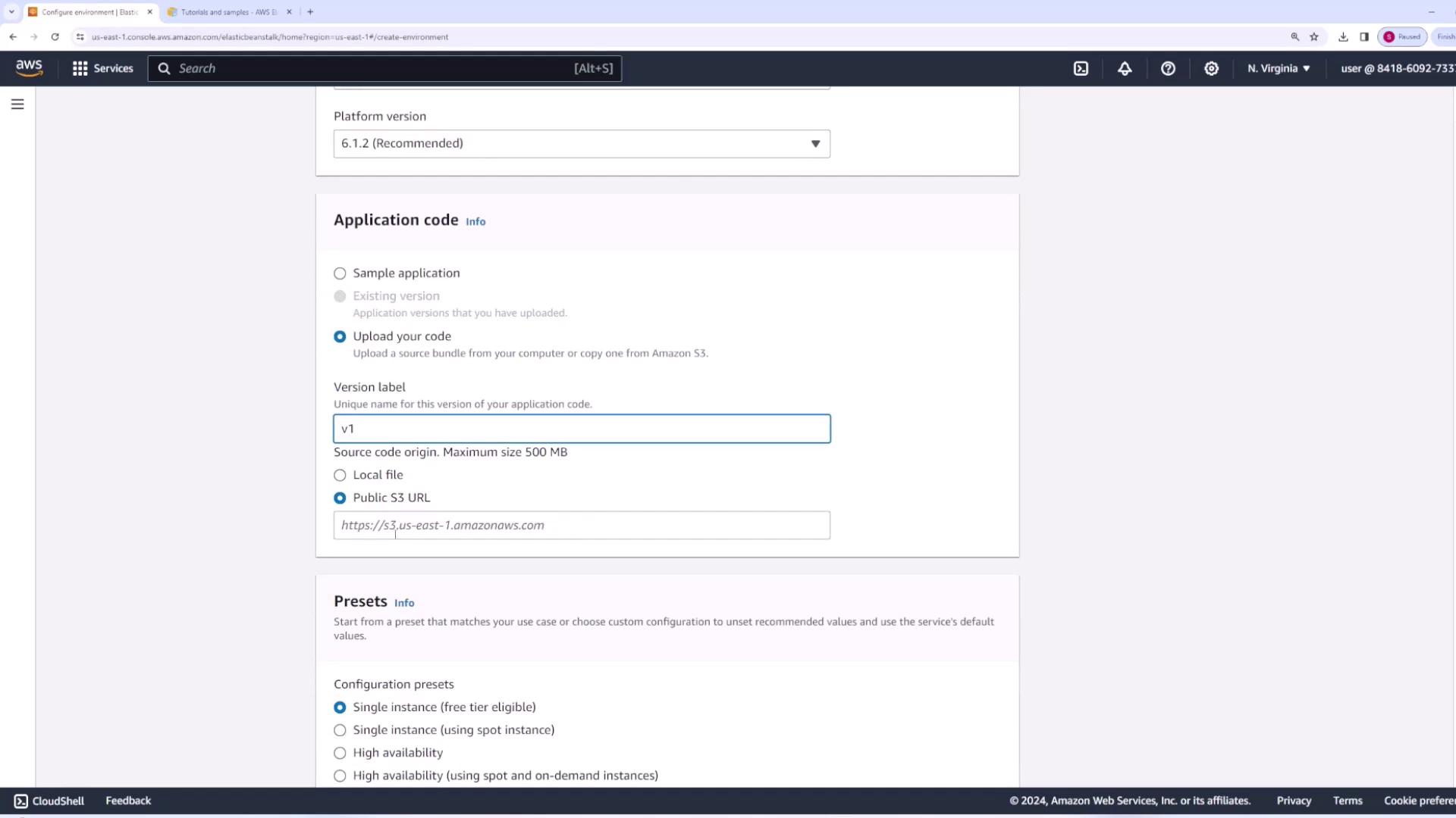 The image shows an AWS Elastic Beanstalk configuration screen where a user is uploading application code via a public S3 URL and selecting configuration presets.