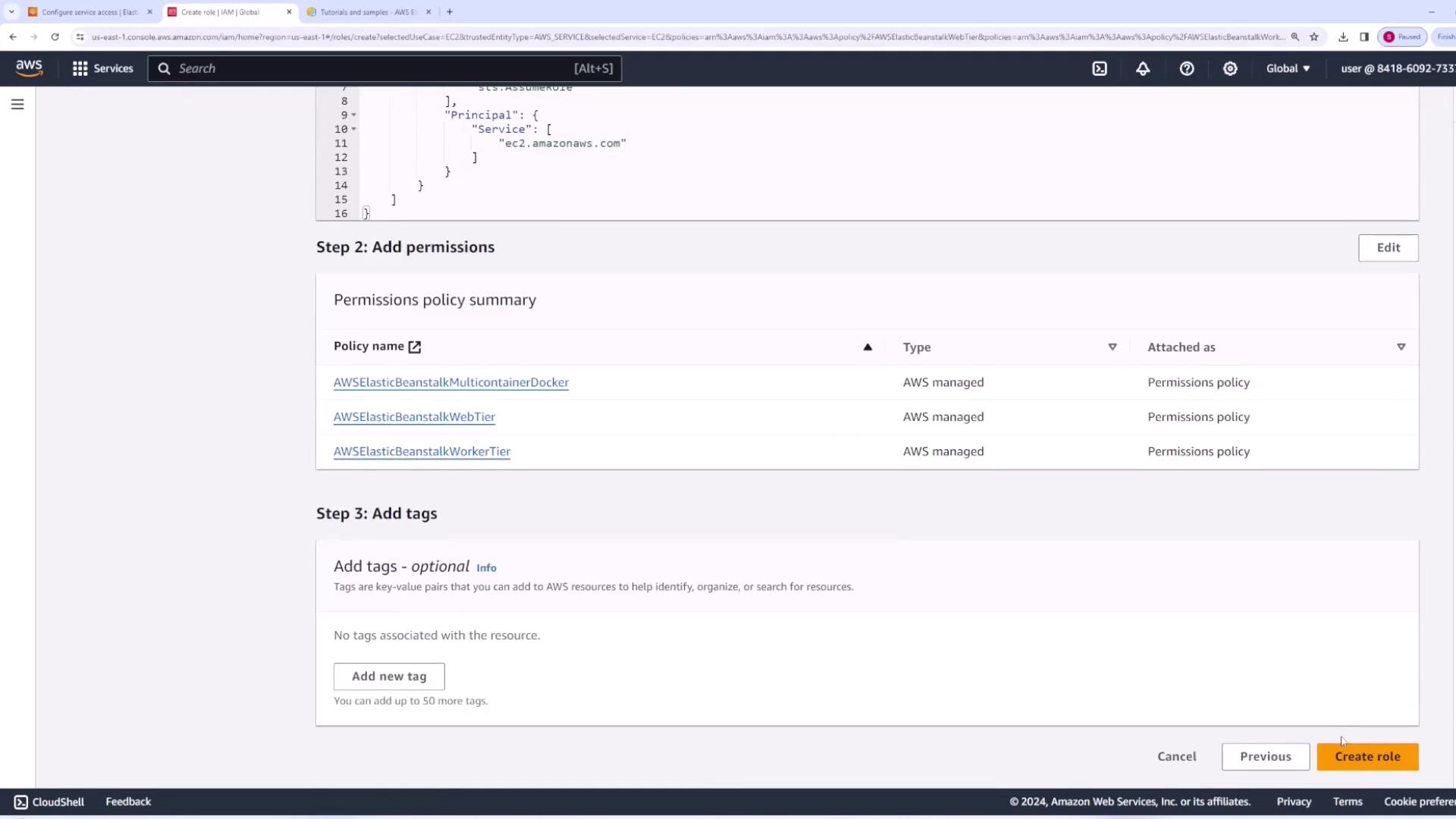 The image shows an AWS IAM console screen where permissions policies are being added to a role, with options to add tags and a button to create the role.