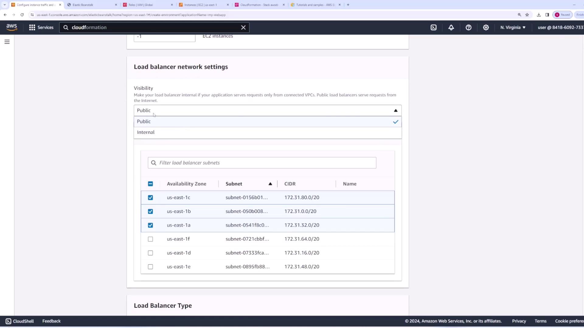 The image shows an AWS console screen where load balancer network settings are being configured, with options for visibility (Public or Internal) and a list of subnets in different availability zones.