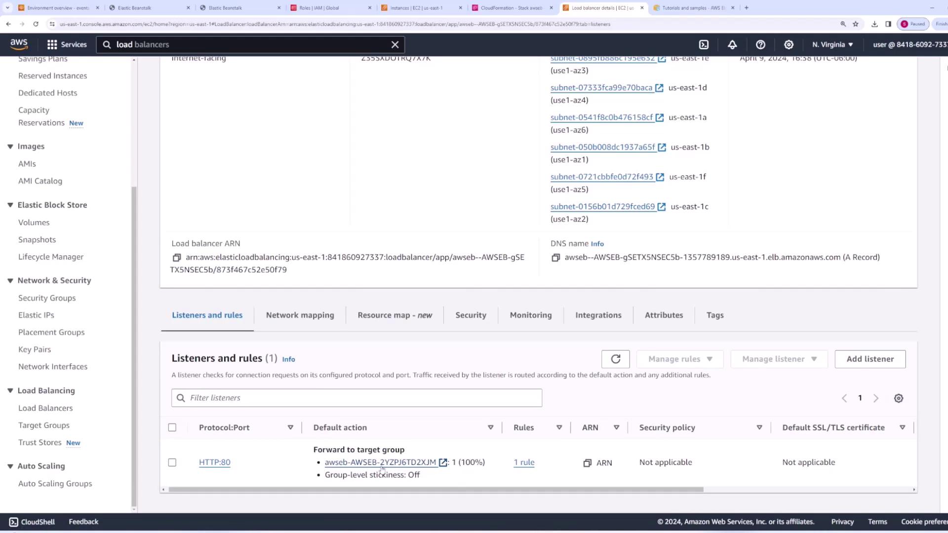 The image shows an AWS Management Console screen focused on the Load Balancers section, displaying details about listeners and rules for a specific load balancer. It includes information about protocols, ports, and target groups.