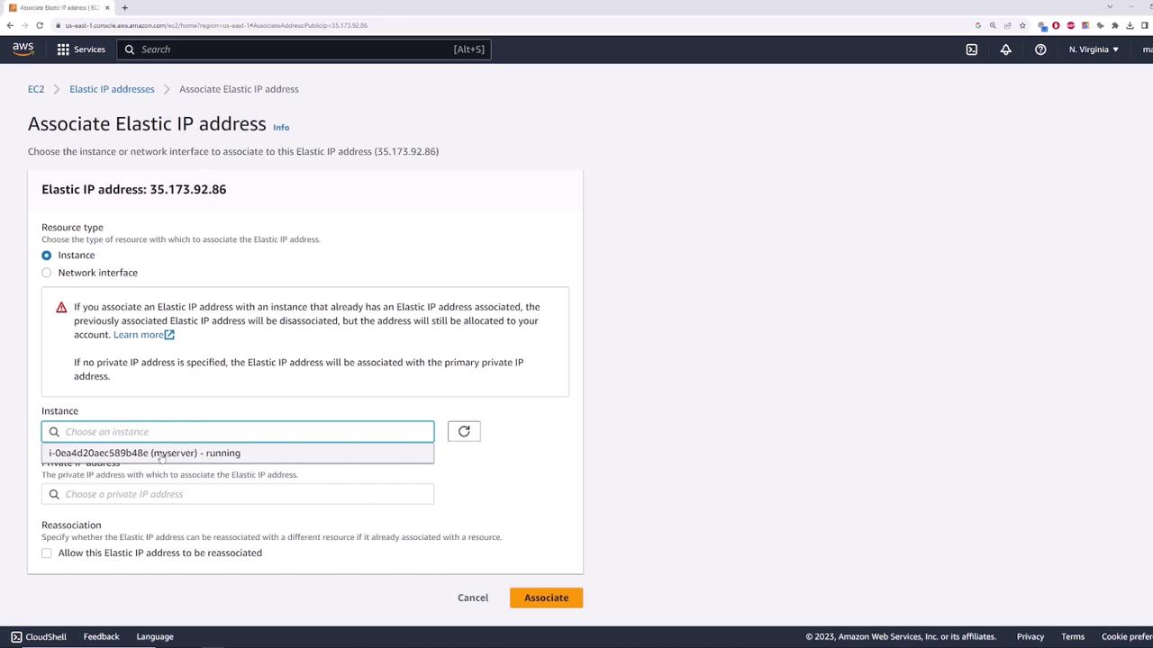 The image shows an AWS EC2 console screen for associating an Elastic IP address with an instance. It includes options to select the resource type and instance, with a warning about disassociating previous IP addresses.