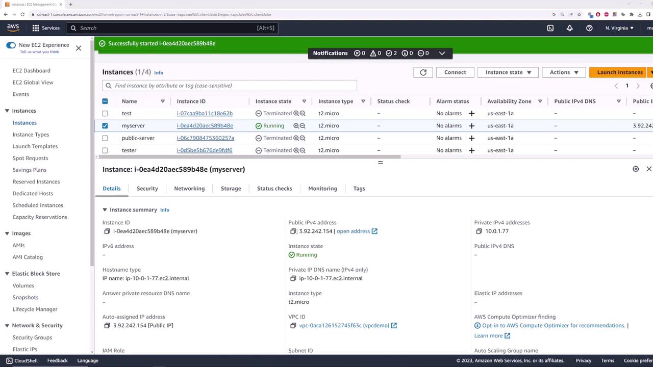 The image shows an AWS EC2 management console with a list of instances, highlighting one named "myserver" that is currently running. The instance details, including its ID, public IP address, and instance type, are displayed below.