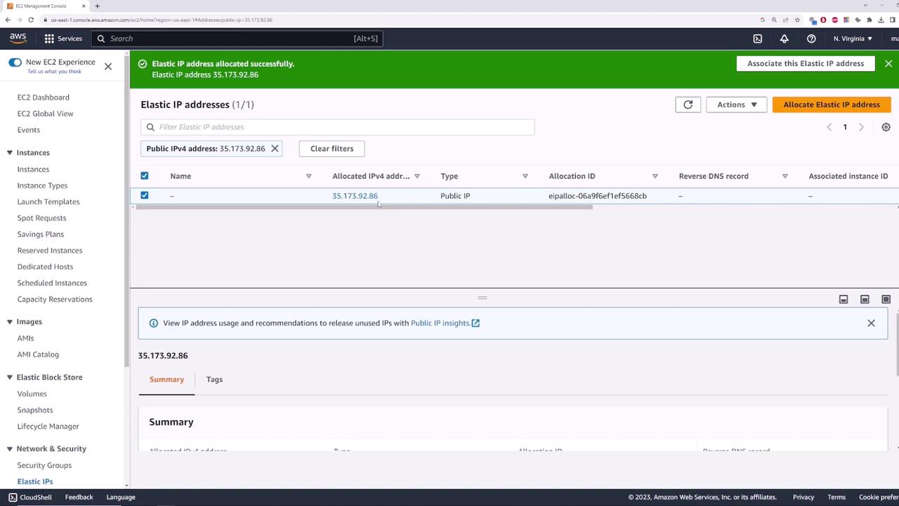 The image shows an AWS Management Console screen displaying the allocation of an Elastic IP address, specifically 35.173.92.86, in the EC2 section.