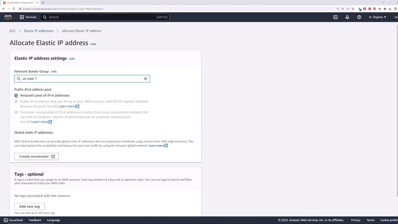 The image shows an AWS EC2 console page for allocating an Elastic IP address, with options for selecting a network border group and public IPv4 address pool.