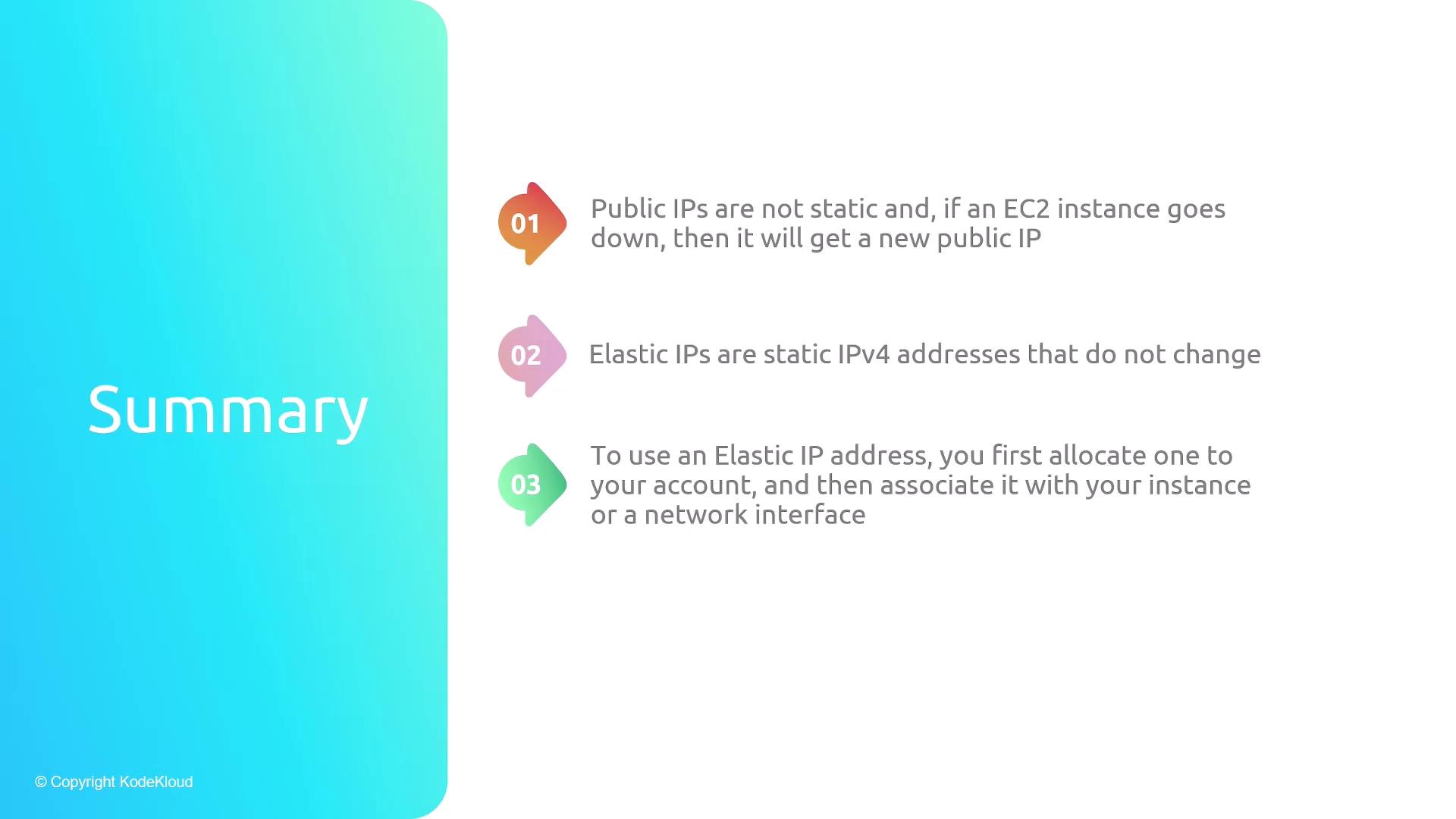 The image is a summary slide explaining the differences between public IPs and Elastic IPs, highlighting that public IPs are not static, while Elastic IPs are static IPv4 addresses. It also describes the process of allocating and associating an Elastic IP with an instance or network interface.