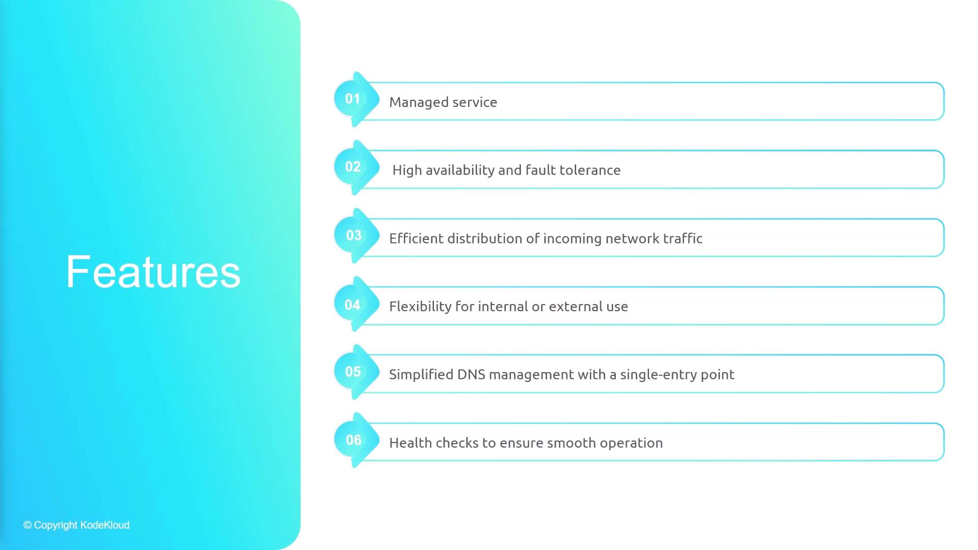 The image lists six features of a service, including managed service, high availability, efficient network traffic distribution, flexibility, simplified DNS management, and health checks.