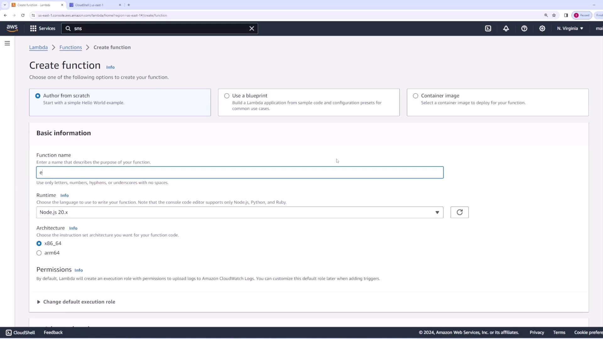 The image shows the AWS Lambda console where a user is creating a new function. The interface includes options for function name, runtime, architecture, and permissions.