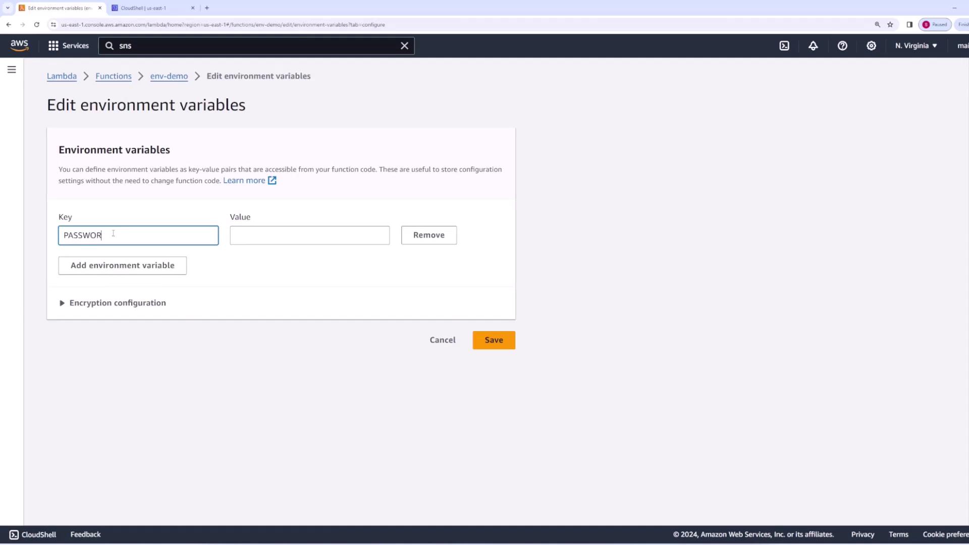 The image shows an AWS Lambda console where a user is editing environment variables, with a key labeled "PASSWORD" and an empty value field.