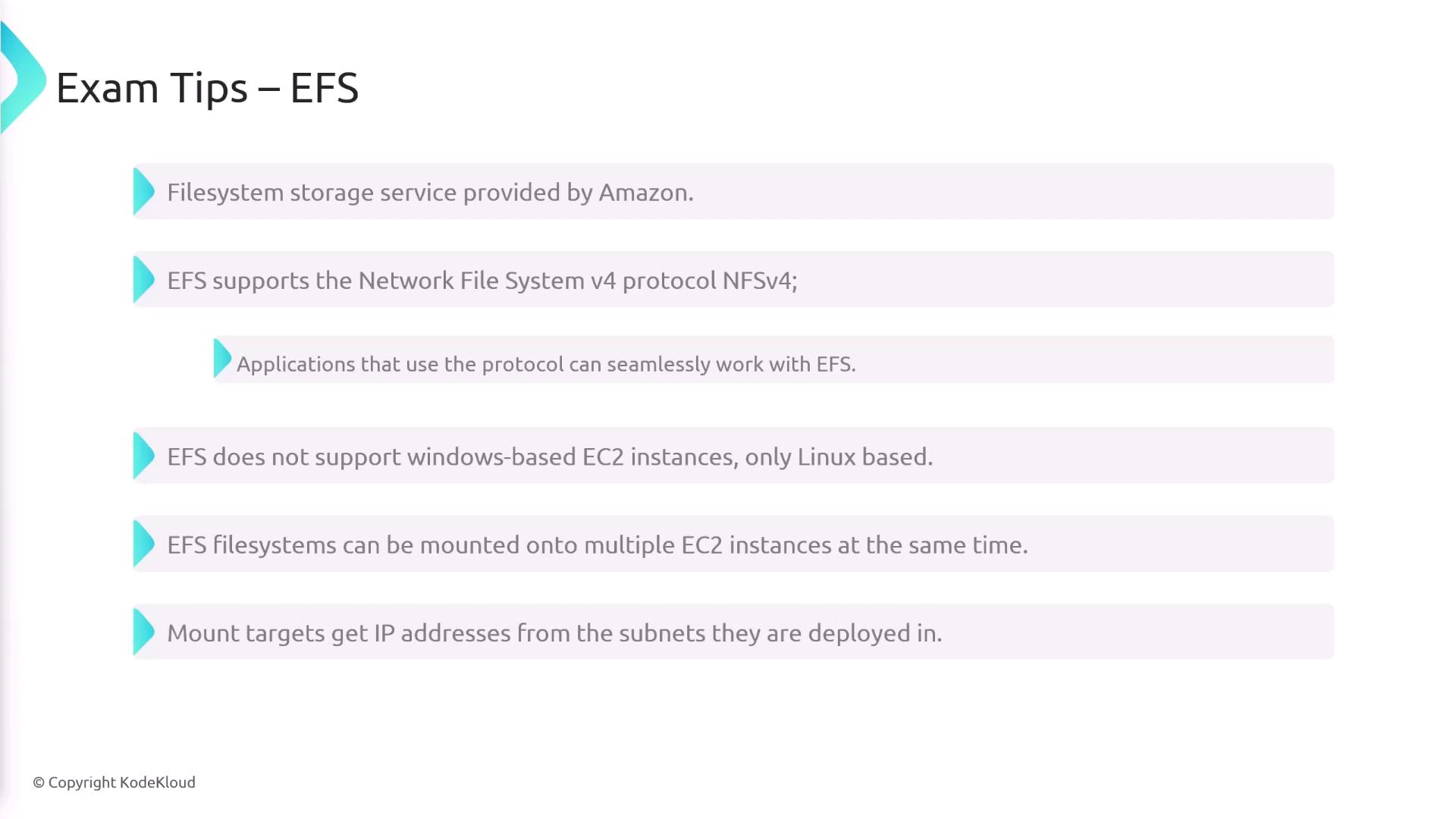 The image provides exam tips about Amazon EFS, highlighting its compatibility with NFSv4, Linux-based EC2 instances, and its ability to be mounted on multiple instances.