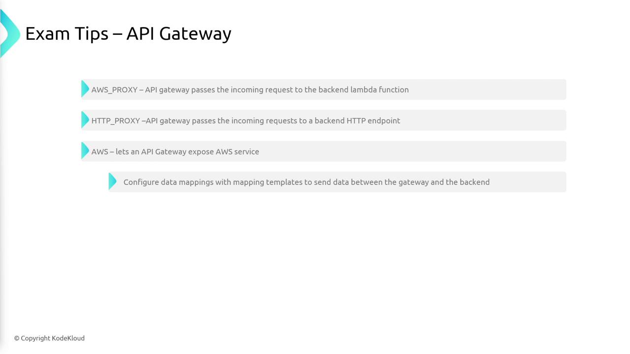 The image provides exam tips for API Gateway, detailing different proxy types and data mapping configurations in AWS.