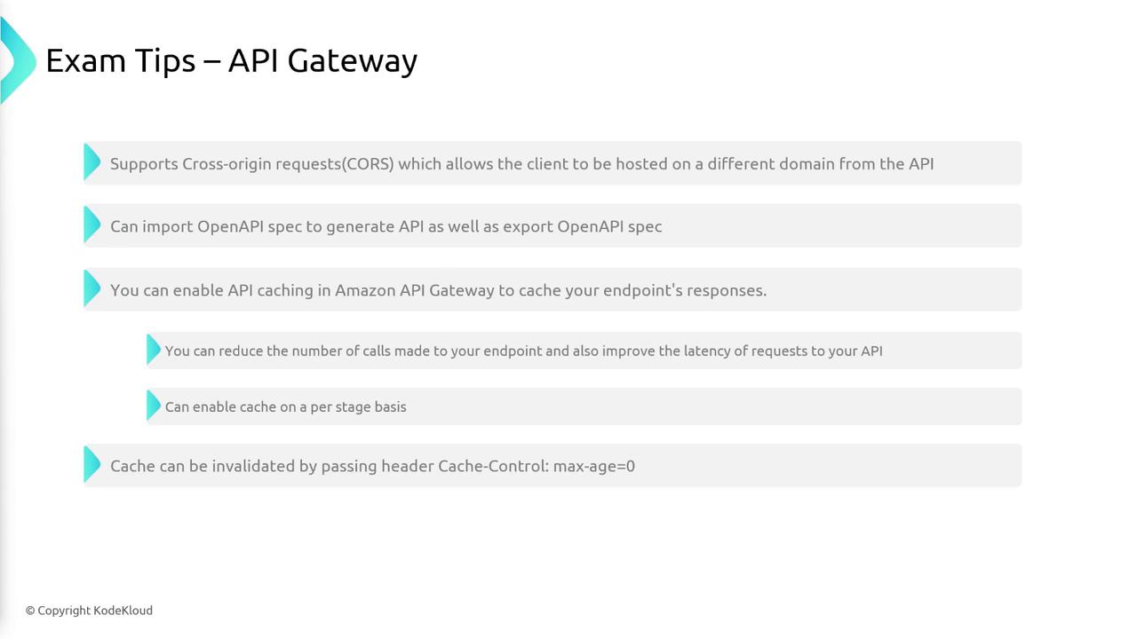 The image provides exam tips for API Gateway, including support for CORS, OpenAPI spec import/export, and caching features in Amazon API Gateway.