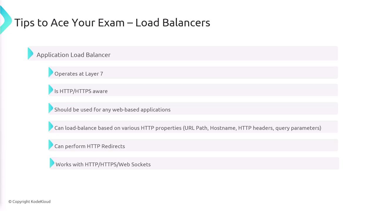 The image provides tips for understanding application load balancers, highlighting features such as operating at Layer 7, being HTTP/HTTPS aware, and supporting web-based applications. It also mentions capabilities like load balancing based on HTTP properties, performing HTTP redirects, and working with WebSockets.
