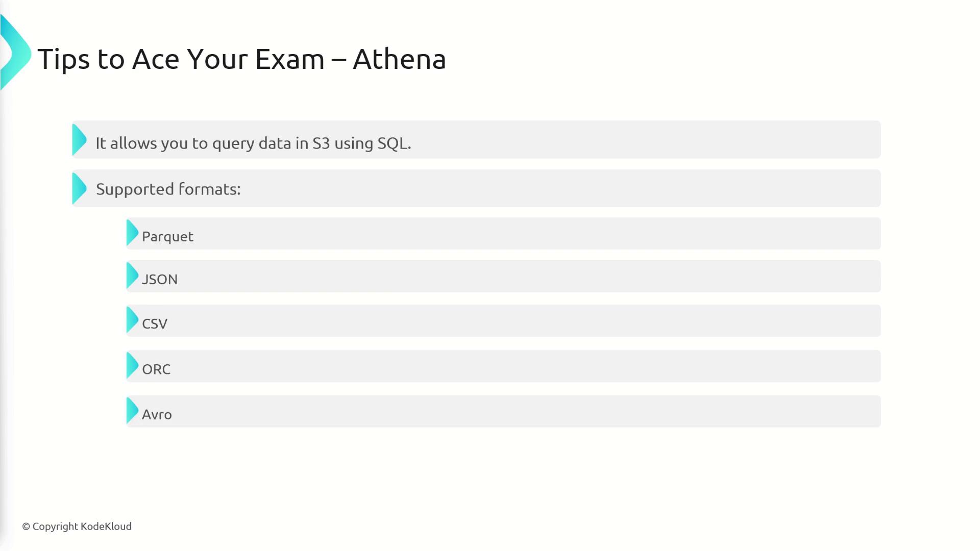 The image provides tips for using Athena, highlighting its ability to query data in S3 using SQL and listing supported formats: Parquet, JSON, CSV, ORC, and Avro.