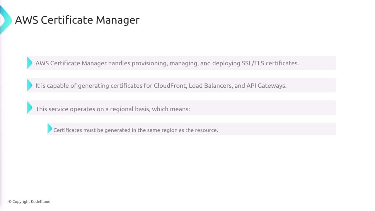 The image is an informational slide about AWS Certificate Manager, detailing its functions in handling SSL/TLS certificates, its capability to generate certificates for various AWS services, and its regional operation requirements.