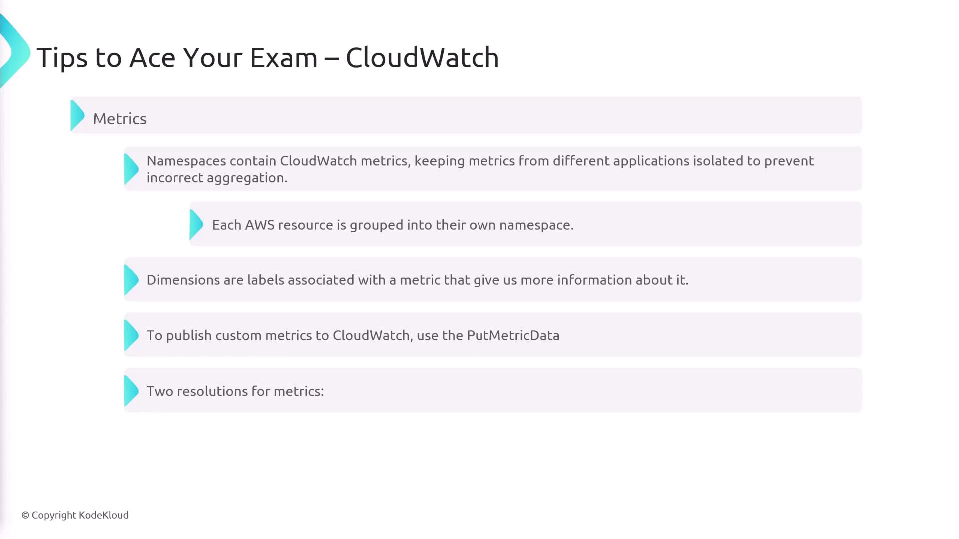 The image provides tips for acing an exam on AWS CloudWatch, focusing on metrics, namespaces, dimensions, and publishing custom metrics.