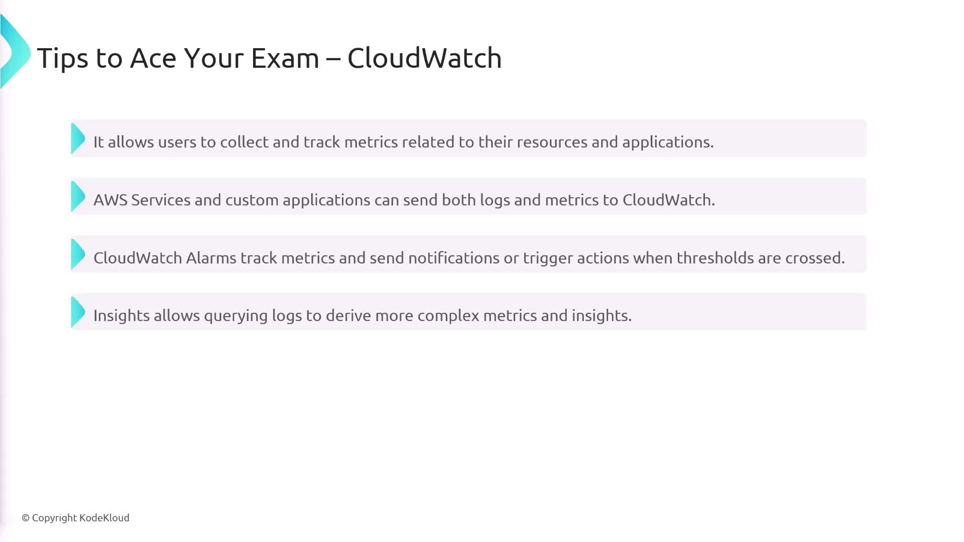The image provides tips for using AWS CloudWatch, highlighting its capabilities for tracking metrics, sending logs, setting alarms, and querying logs for insights.