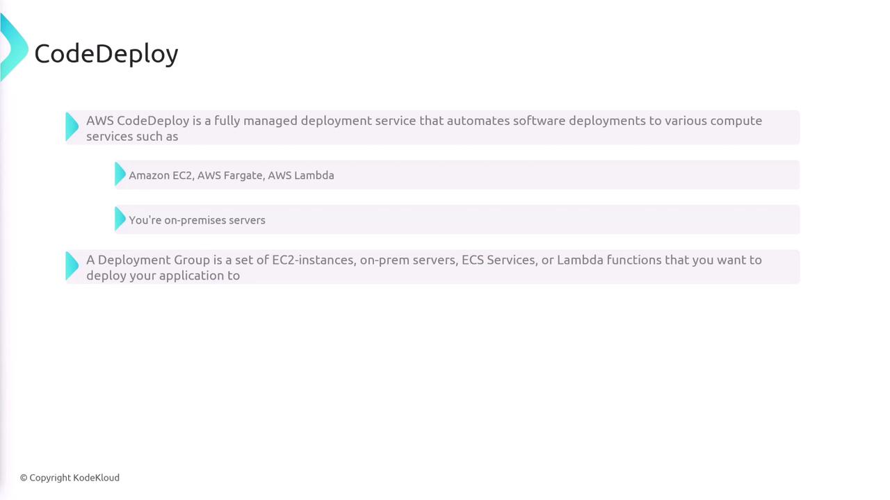 The image describes AWS CodeDeploy as a fully managed deployment service for automating software deployments to various compute services like Amazon EC2, AWS Fargate, AWS Lambda, and on-premises servers. It also explains that a Deployment Group consists of EC2 instances, on-prem servers, ECS Services, or Lambda functions for application deployment.