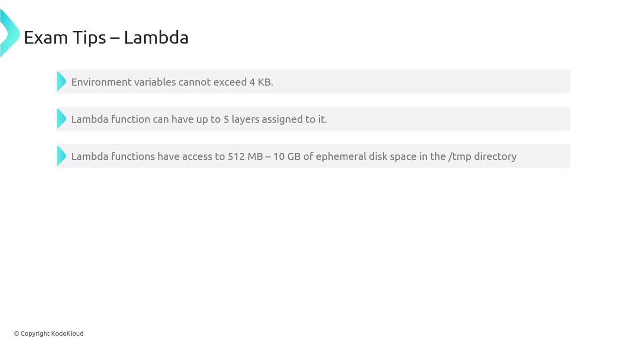 The image provides exam tips for AWS Lambda, highlighting environment variable limits, layer assignments, and disk space access.