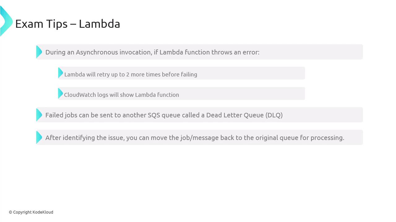 The image provides exam tips for AWS Lambda, explaining error handling during asynchronous invocations, including retry attempts, CloudWatch logs, and the use of Dead Letter Queues (DLQ).