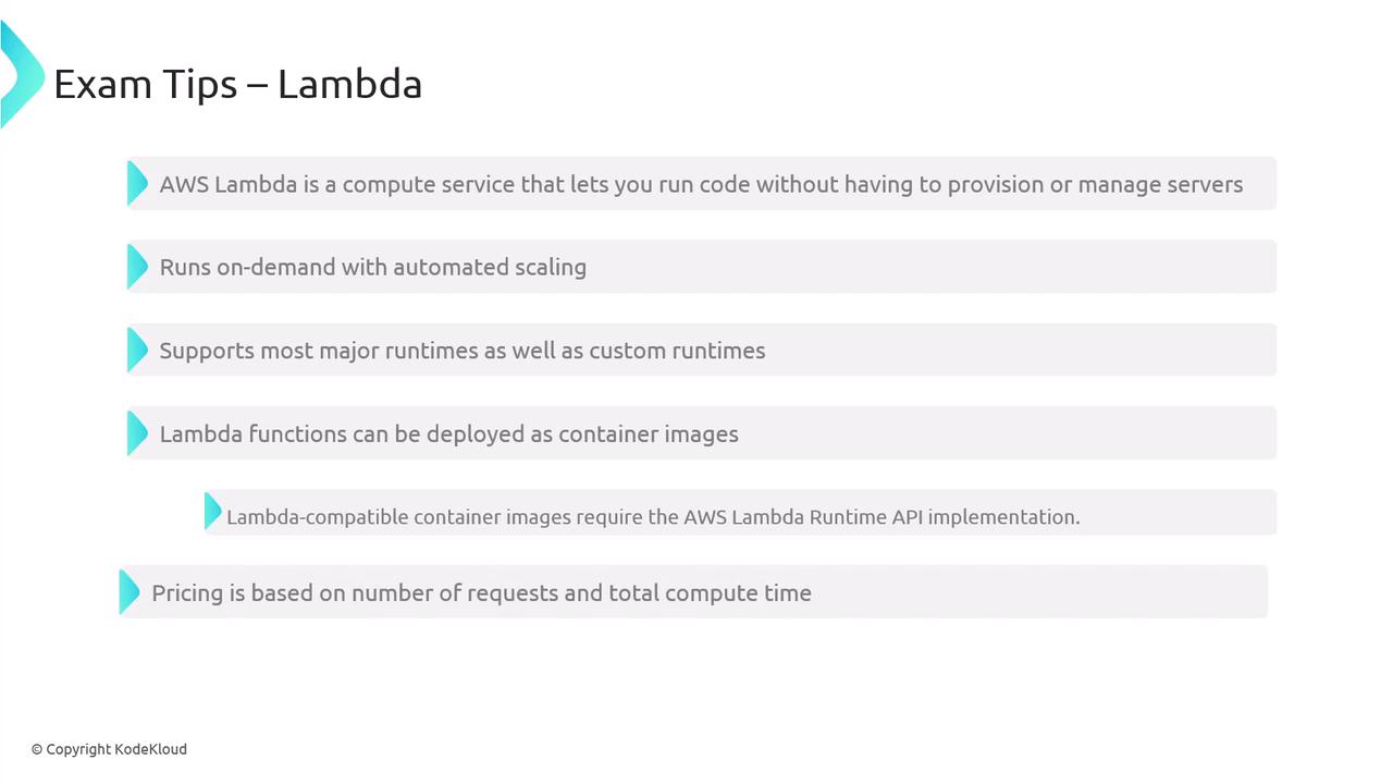 The image provides exam tips for AWS Lambda, highlighting features like on-demand scaling, runtime support, container deployment, and pricing based on requests and compute time.