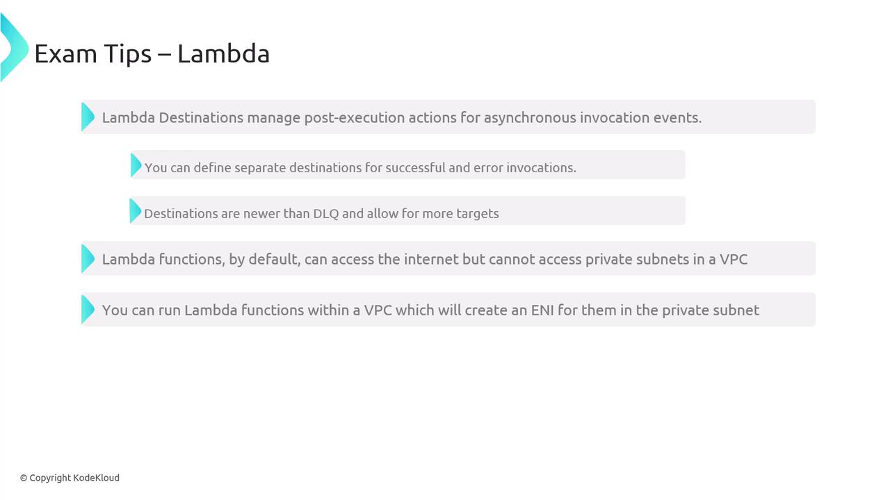 The image provides exam tips for AWS Lambda, covering topics like Lambda Destinations, internet access, and running functions within a VPC.