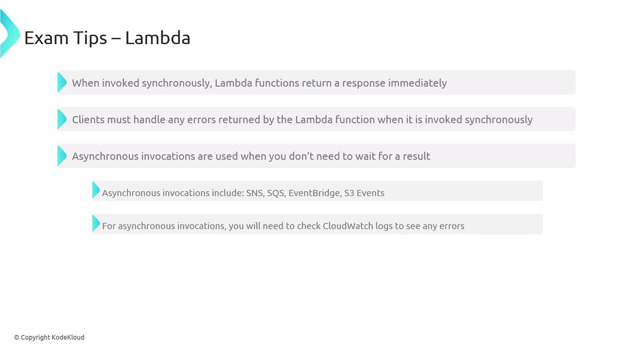 The image provides exam tips for AWS Lambda, covering synchronous and asynchronous invocations, error handling, and the use of CloudWatch logs.