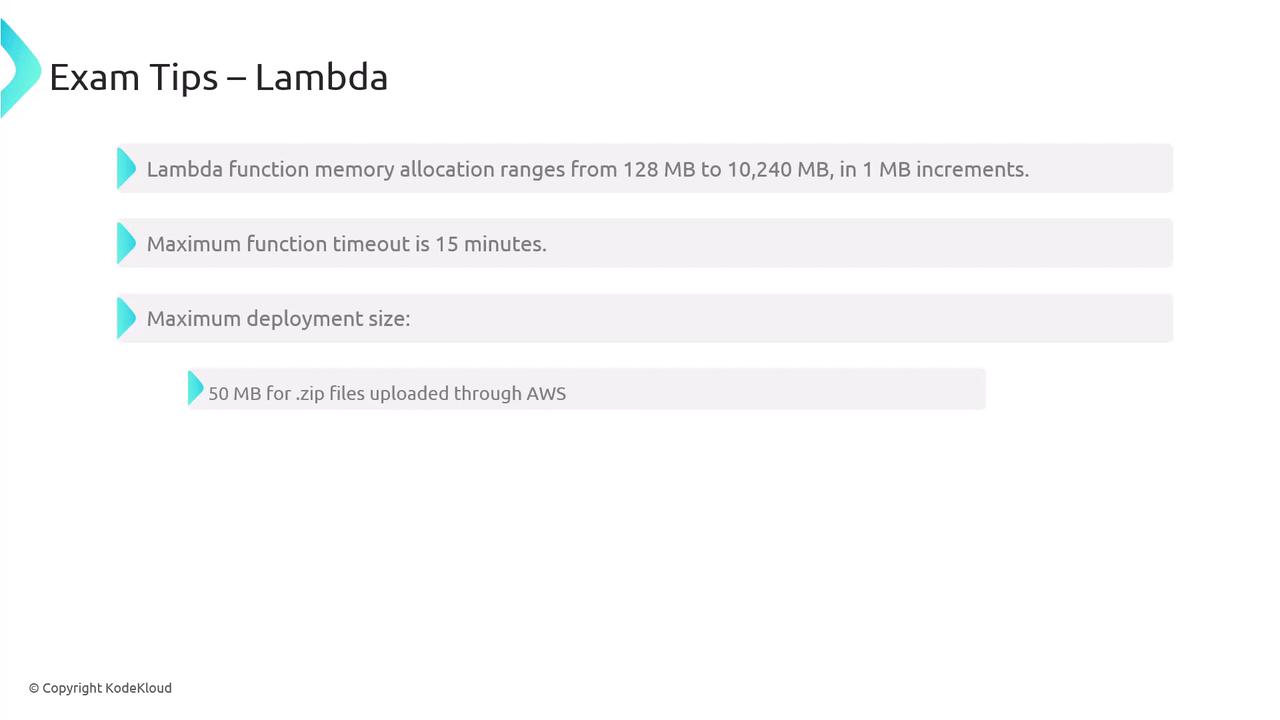 The image provides exam tips for AWS Lambda, detailing memory allocation, function timeout, and maximum deployment size for .zip files.