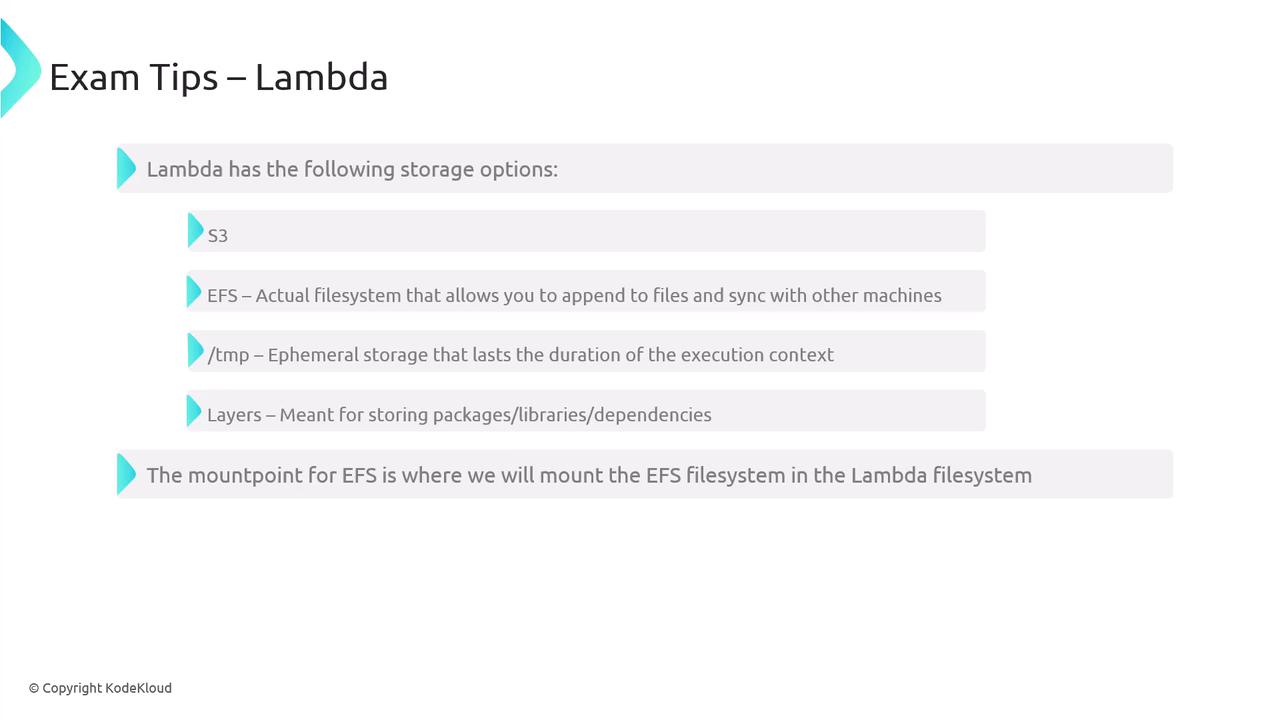 The image provides exam tips for AWS Lambda, listing storage options such as S3, EFS, /tmp, and Layers, and explains the mount point for EFS.