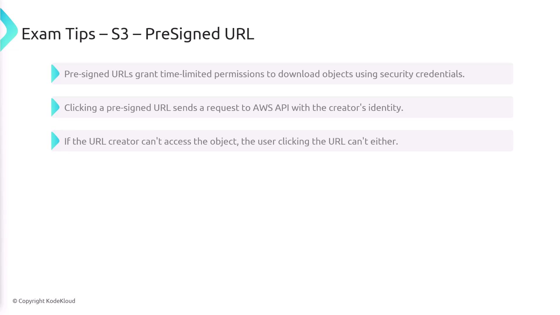 The image provides exam tips about AWS S3 pre-signed URLs, explaining their function, how they work with AWS API, and access limitations based on the creator's permissions.