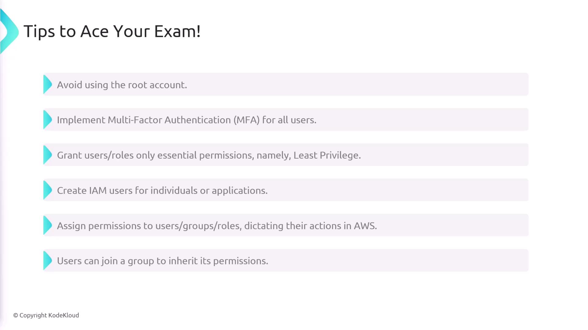 The image provides tips for acing an exam, focusing on AWS security practices like avoiding root account use, implementing MFA, granting least privilege permissions, creating IAM users, and assigning permissions.