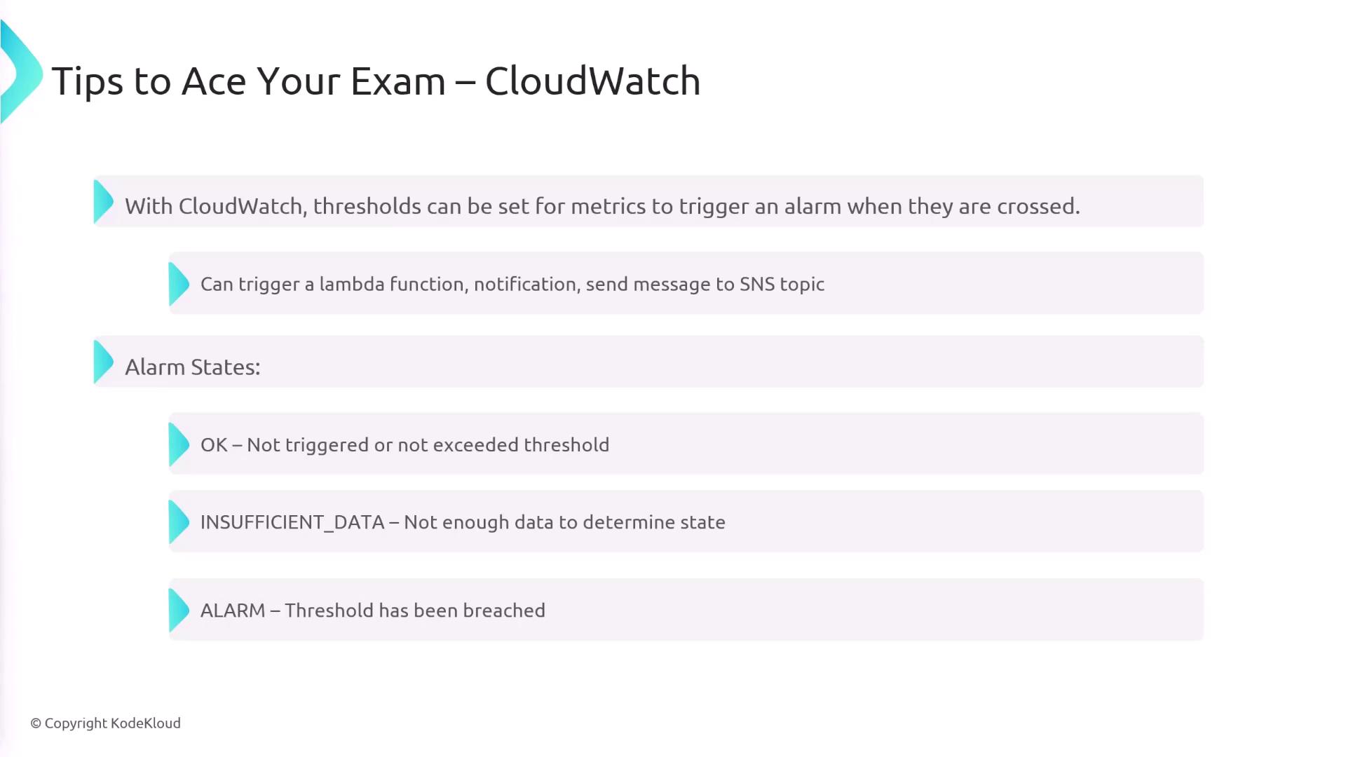 The image provides tips for using CloudWatch, explaining how thresholds can trigger alarms and detailing the different alarm states: OK, INSUFFICIENT_DATA, and ALARM.