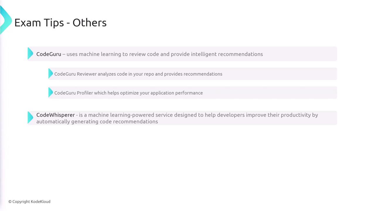 The image provides exam tips related to CodeGuru and CodeWhisperer, highlighting their use of machine learning for code review, recommendations, and productivity enhancement.