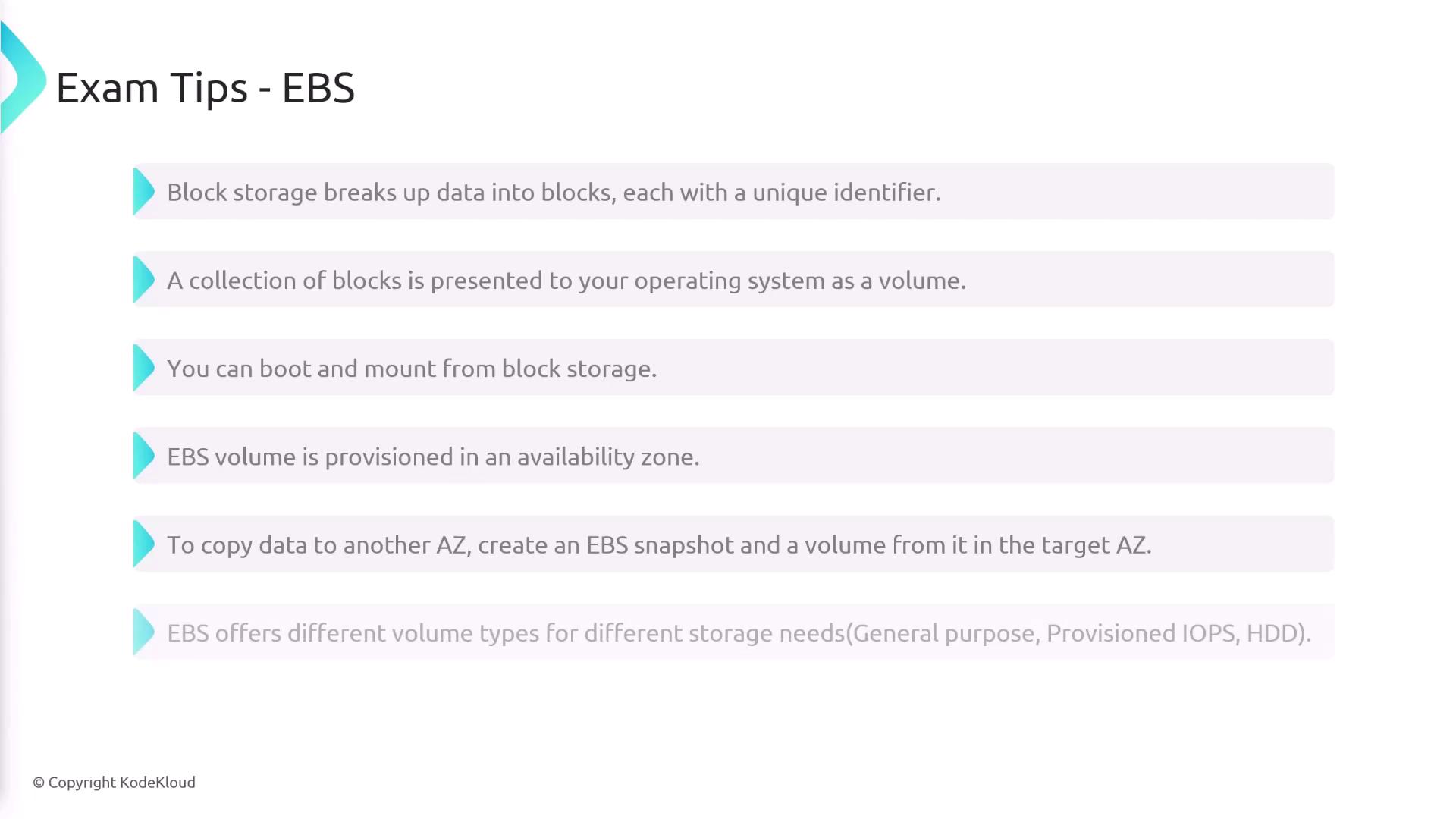 The image provides exam tips for EBS, explaining block storage, volume provisioning, and data copying across availability zones. It also mentions different EBS volume types for various storage needs.